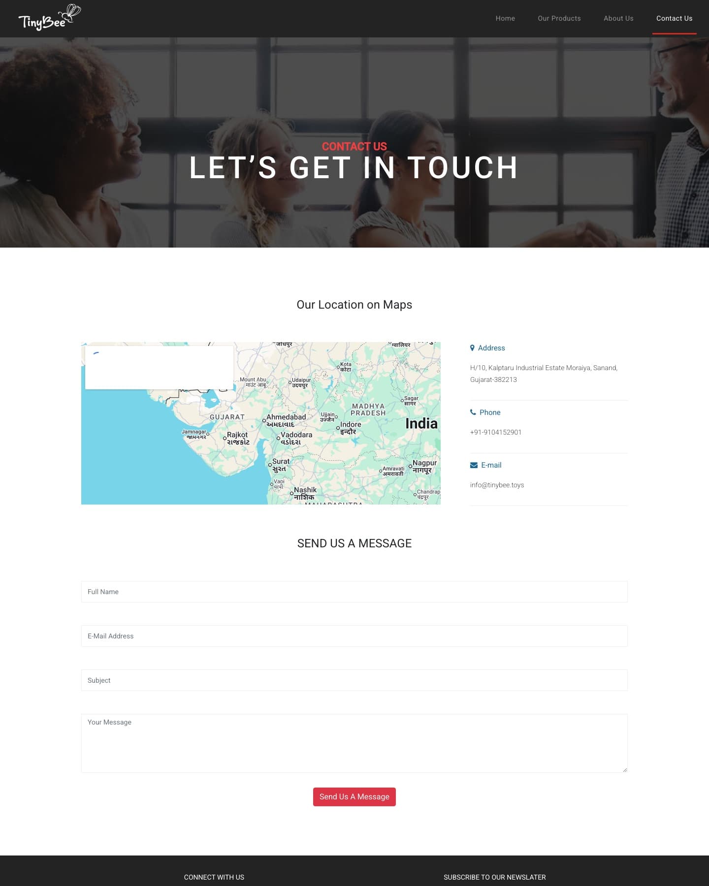 Contact page — hero, embedded Google map of the Sanand, Gujarat facility with address, phone and email, and the 'Send Us A Message' form