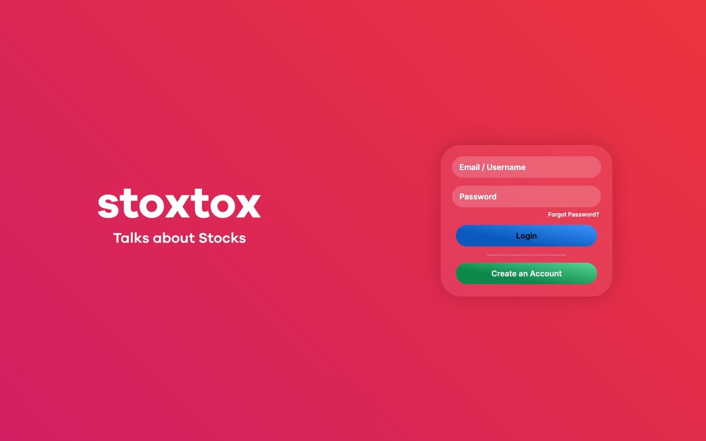 Login screen — full-bleed red gradient with 'stoxtox / Talks about Stocks' next to an email + password panel and a Create-an-Account CTA