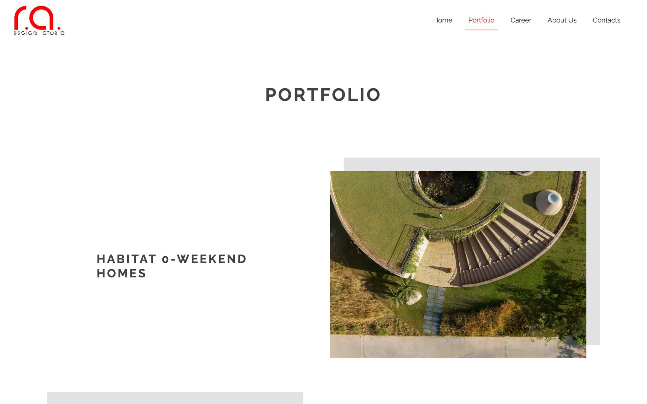 The portfolio index, alternating project titles and cover photographs down the page