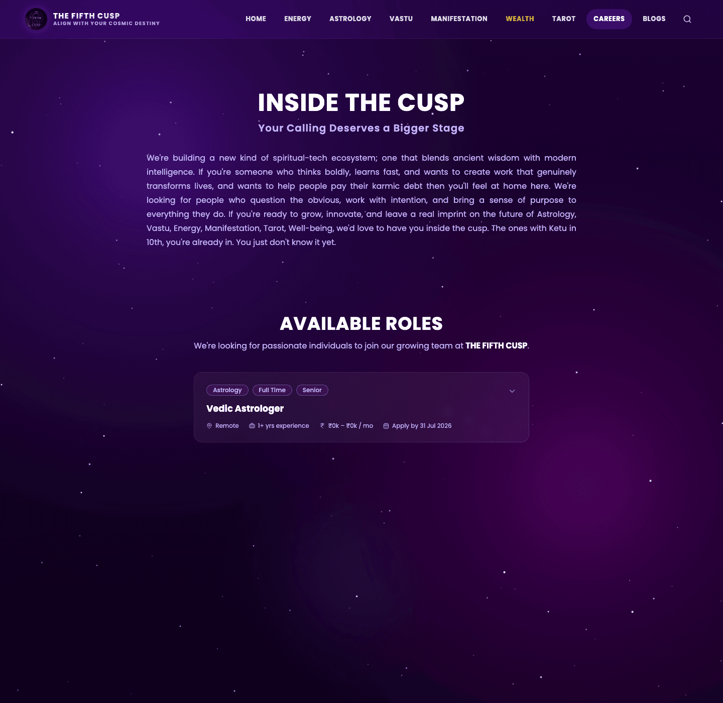Careers — 'Inside the Cusp' brief above the Available Roles list, each role showing category, employment type, seniority, comp range and application deadline