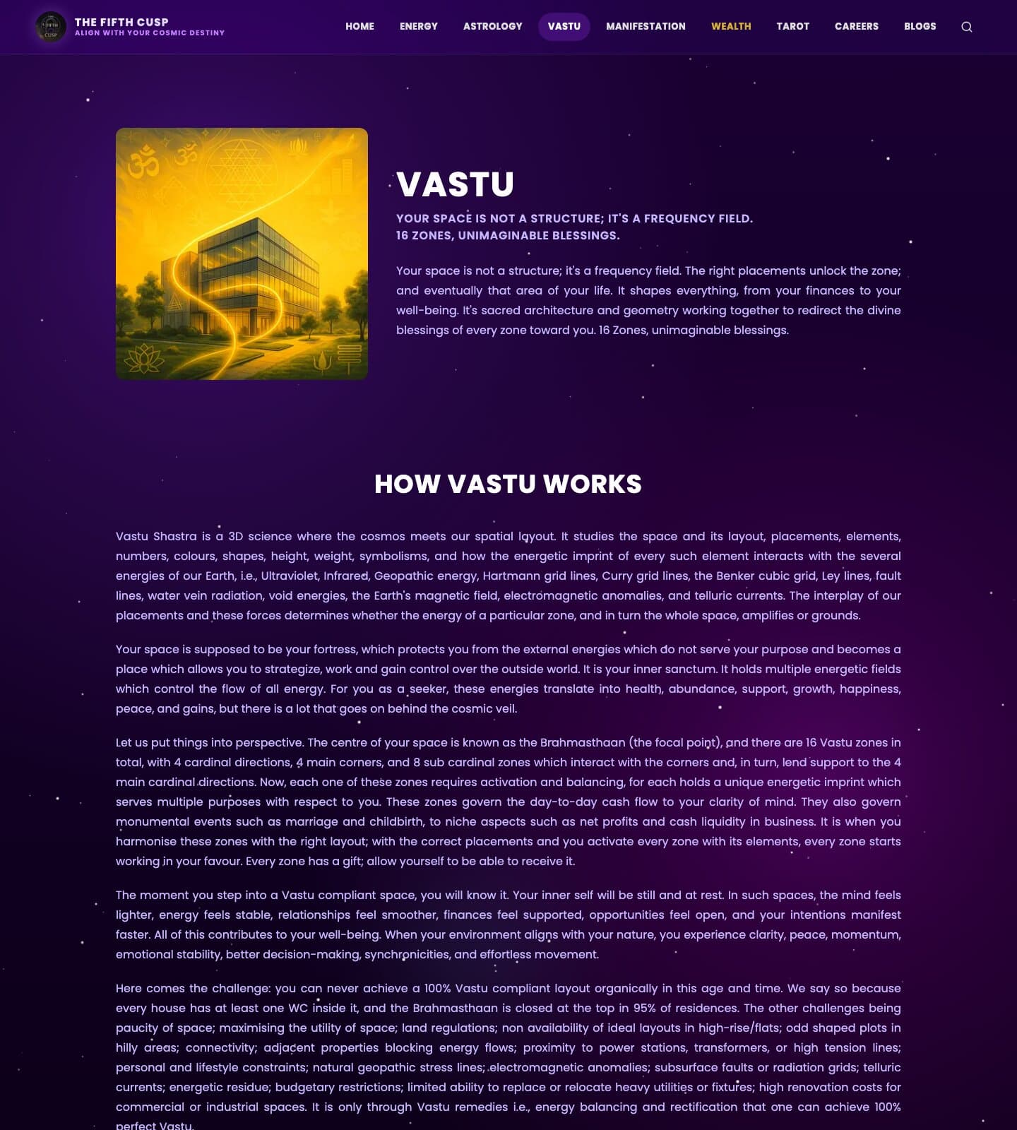 Vastu service page — the shared ServicePage template rendered for Vastu Shastra, one of the eight polymorphic verticals
