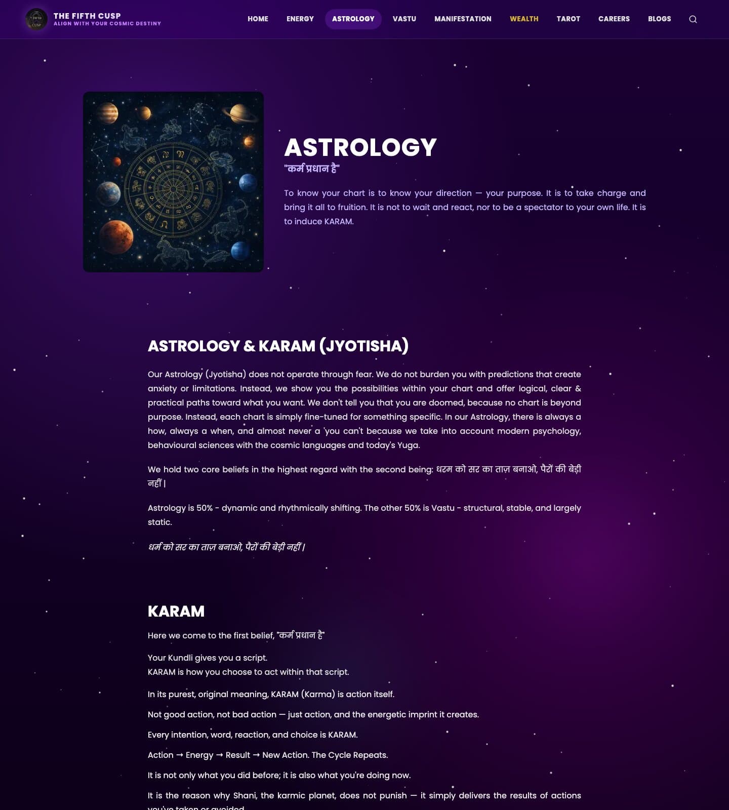 Astrology service page — zodiac wheel graphic beside the service brief, followed by long-form 'Astrology & Karam (Jyotisha)' content
